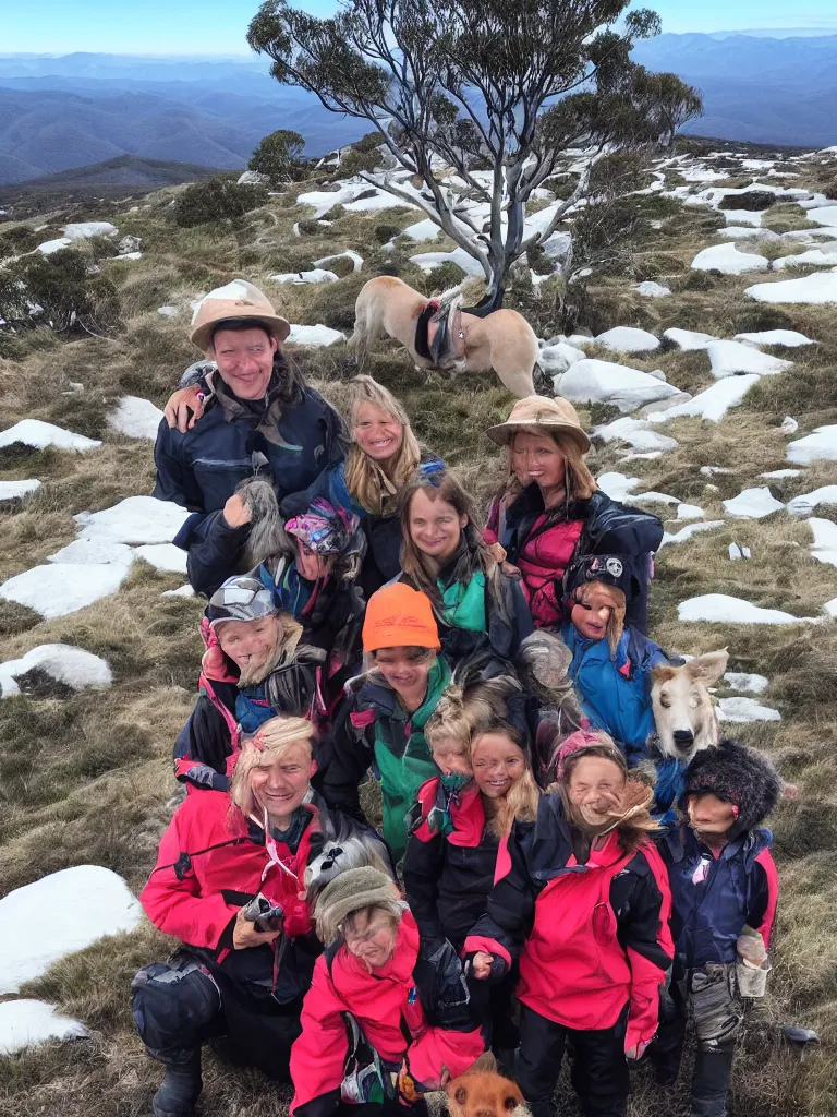 Prompt: the saalfield clan on top of mt bogong snow capped and on fire and light with a sound cloud above with horses, dogs coming out of it somewhere