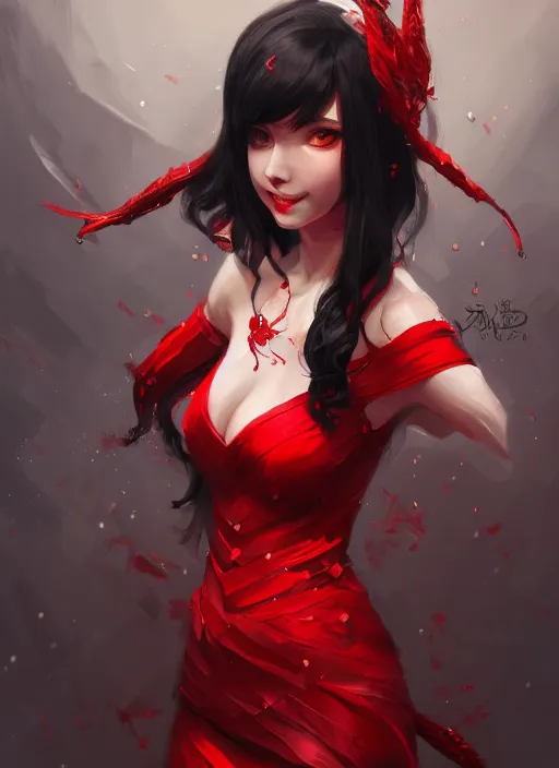 Image similar to a highly detailed illustration of hime cut black haired woman wearing red dress, dramatic smiling pose, perfect face, perfect body, intricate, elegant, highly detailed, centered, digital painting, artstation, concept art, smooth, sharp focus, league of legends concept art, wlop