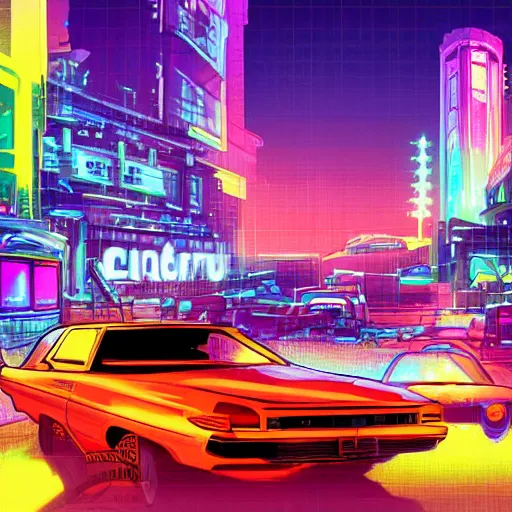 Image similar to car in cyperpunk city, wide - angle, neon, digital art