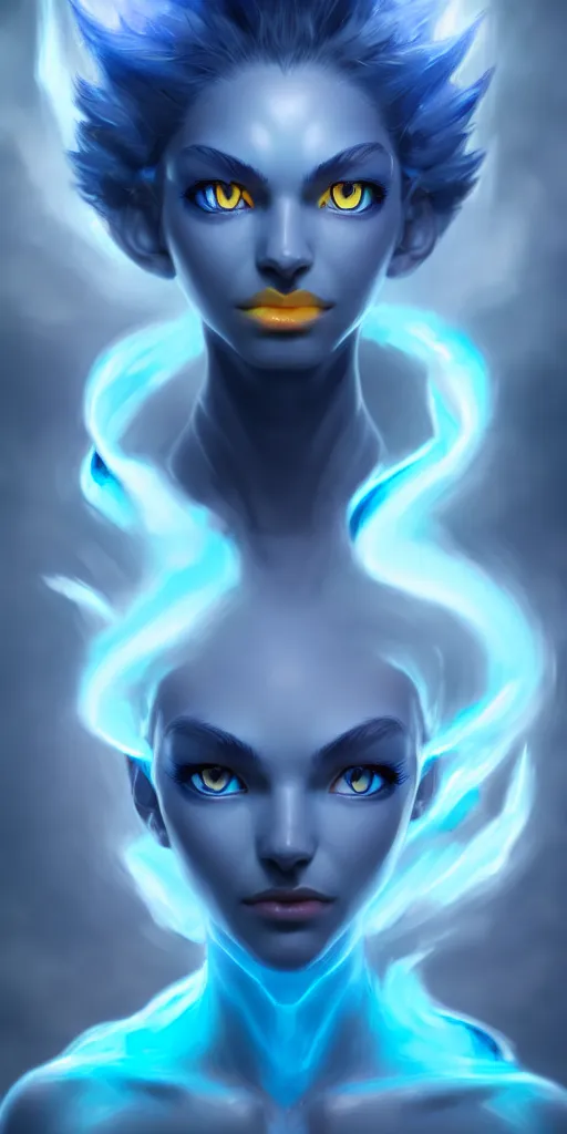 Prompt: wispy smoky polite blue air elemental djinn with yellow eyes and lightning; detailed, best on artstation, cgsociety, wlop, cosmic, epic, stunning, gorgeous, masterpiece