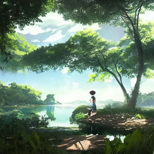 Image similar to geodesic dome in front of a lake with gardens and waterfall, gapmoe kuudere moody lighting stunning bokeh highlights sharp contrast | trending pixiv fanbox | by greg rutkowski makoto shinkai takashi takeuchi studio ghibli