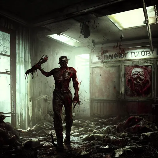 Image similar to fallout 5, butcher angry horror zombie, detailled portrait, indoors dilapidated butchery interior, atmospheric lighting, intricate, volumetric lighting, grimdark, daytime, sharp focus, deep colours, ultra intricate detailed, octane render, unreal engine, by leesha hannigan, ross tran, thierry doizon, kai carpenter, ignacio fernandez rios