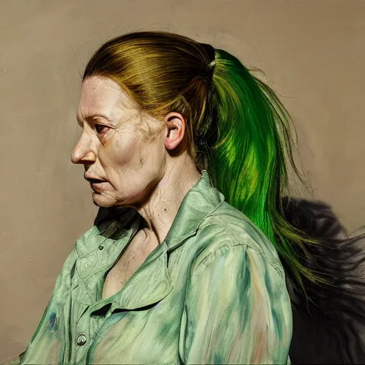 Image similar to high quality high detail painting by lucian freud, hd, green hair woman portrait, photorealistic lighting