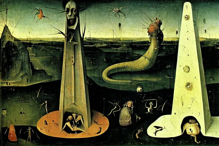 Image similar to the white obelisk the serpent and the black obelisk, oil on canvas, high detail, by hieronymus bosch