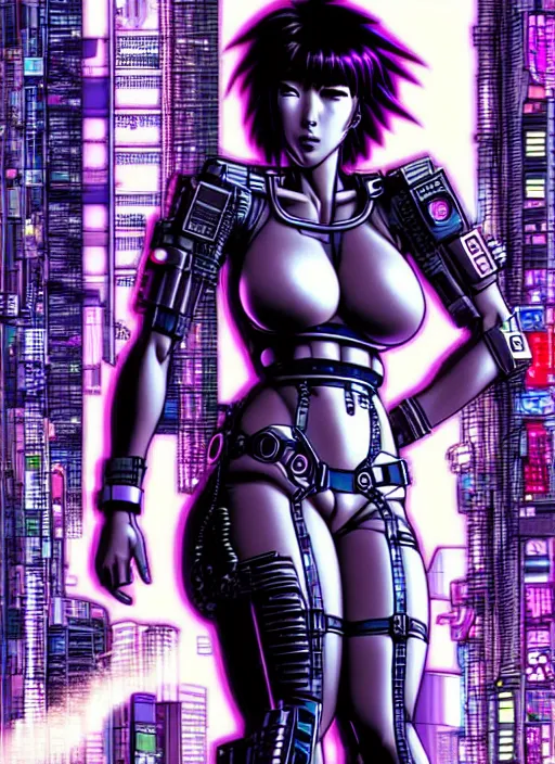 Image similar to motoko kusanagi in grungy cyberpunk megacity, intricate and finely detailed, cyberpunk vaporwave, portrait by j scott campbell