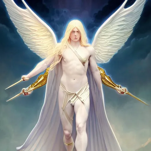 Prompt: the pale blond male angel of battle lucius wearing a white periwinkle, sci fi, glowing eyes, volumetric lights, gold theme, art nouveau botanicals, intricate, highly detailed, digital painting, artstation, concept art, smooth, sharp focus, cinematic, illustration, beautiful face, art by artgerm and greg rutkowski and alphonse mucha