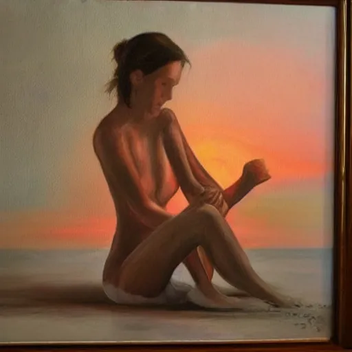 Image similar to a woman painting herself in a self portrait. detailed. artistic. sunset.