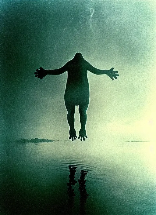 Prompt: “smiling frog vertically hovering over misty lake waters in jesus christ pose, low angle, long cinematic shot by Andrei Tarkovsky, paranormal, eerie, mystical”