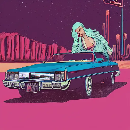 Prompt: a colorfully detailed comic noir style illustration of a beautiful woman posing next to a pink Cadillac in a post-apocalyptic desert by queens of the stone age and sachin teng, dark vibes, street art, cinematic, high contrast, depth of field