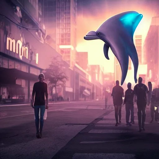 Image similar to apocalyptic, dolphin aliens walking on the future streets. smoke. volumetric lighting, sharp focus, ultra detailed, cgsociety - w 1 0 2 4 - n 8 - i