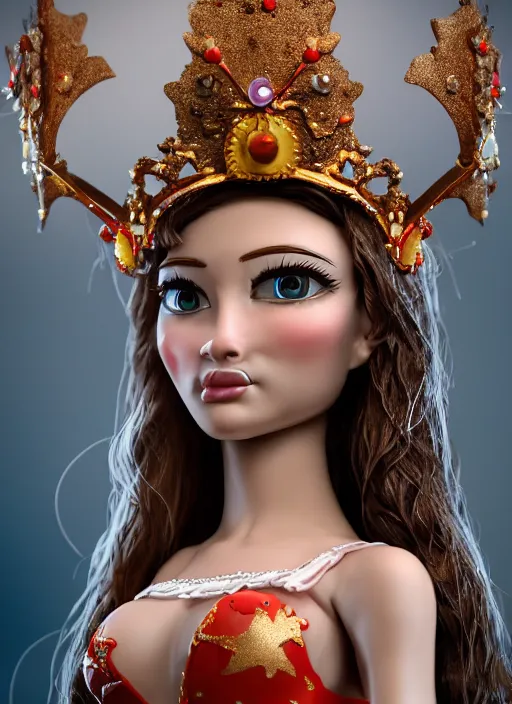 Image similar to closeup profile face portrait of a tin toy fairytale princess wearing a crown eating cakes, bikini, depth of field, zeiss lens, detailed, symmetrical, centered, fashion photoshoot, by bosch, giger, breathtaking, 8 k resolution, extremely detailed, beautiful, establishing shot, artistic, hyperrealistic, beautiful face, octane render