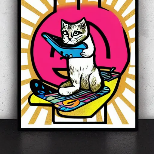 Image similar to 9 0's, 1 9 9 0 s style poster with a cat riding on a skateboard giving a peace sign ✌