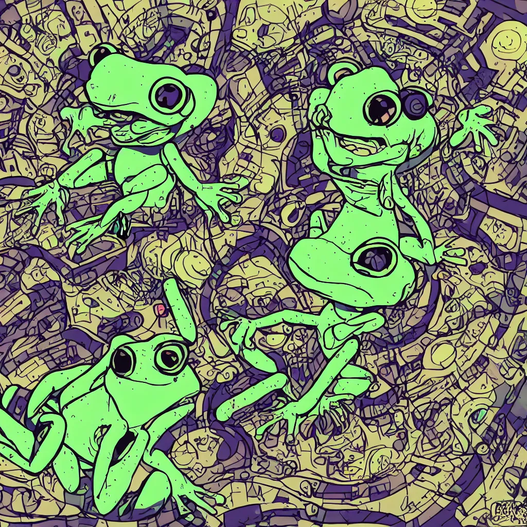 Image similar to toad head, ryuta ueda artwork, breakcore, style of jet set radio, y 2 k, gloom, space, cel - shaded art style, frogs, amphibians, sacred geometry, data, minimal, code, cybernetic, dark, eerie, cyber