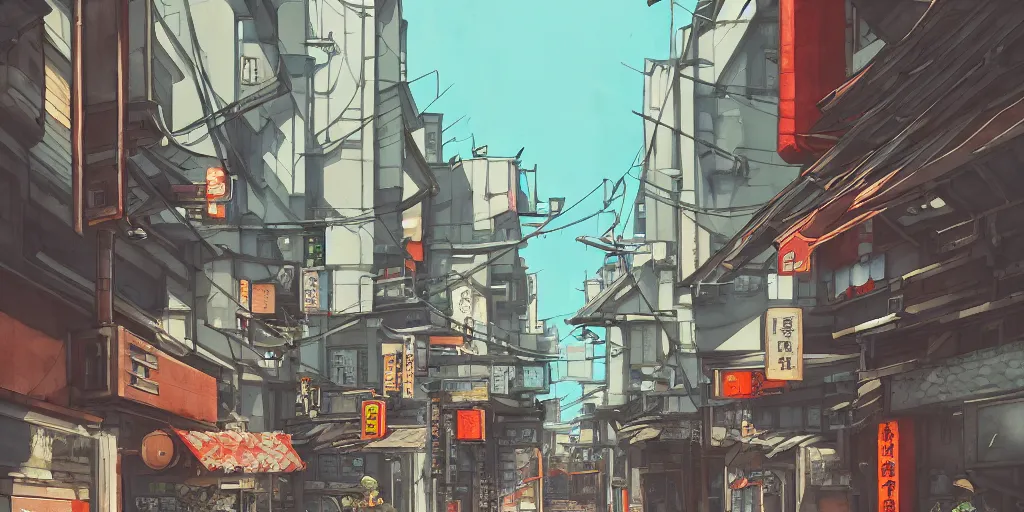 Image similar to japanese downtown, architecture, tokyo street, stylized, alleyway, in watercolor gouache detailed paintings, artstation, 8 k, big medium small, overwatch building, insanely detail, arcane, simon stalenhag, cyberpunk, food stall