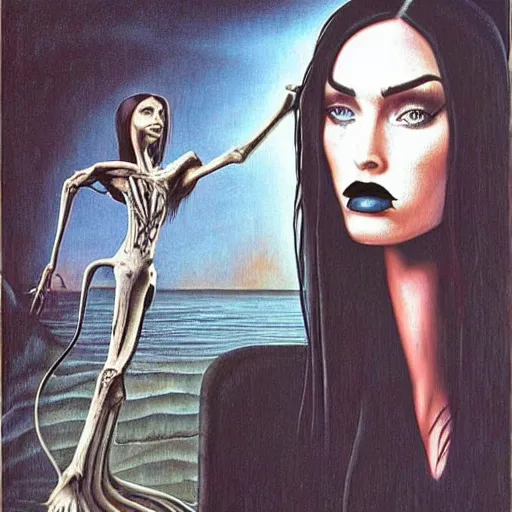 Prompt: surrealism painting of megan fox by tim burton and h. r. giger | horror themed | creepy