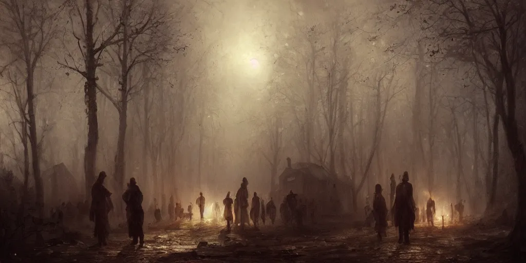 Prompt: streets of innsmouth during the night in a forest, lovecraftian atmosphere, people standing up in front of the house, mystical fog, oil on canvas, art by andreas achenbach, clemens ascher, tom bagshaw and sabbas apterus,