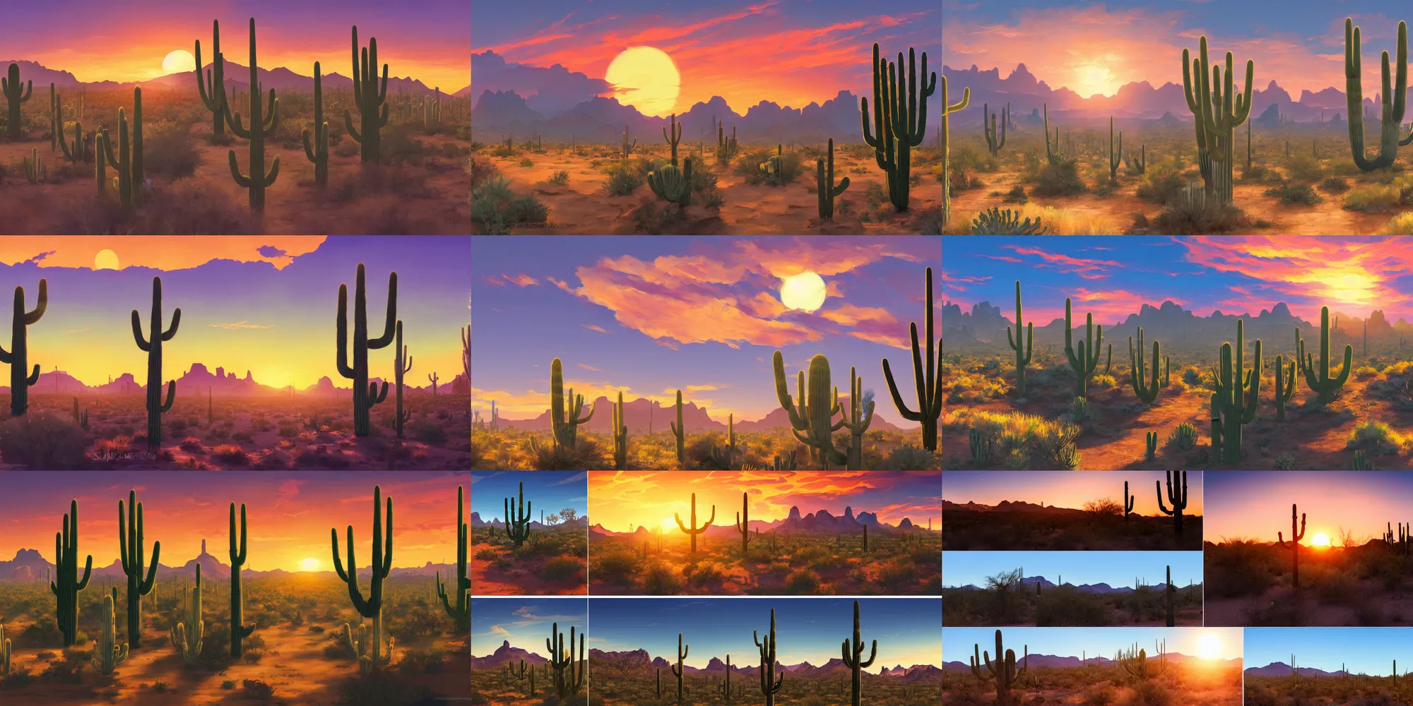 Prompt: Arizona desert sunset, Sonora desert, matte painting, tall saguaro cactuses, Makoto Shinkai, breath of the wild, Nausicaa Ghibli, sun in background