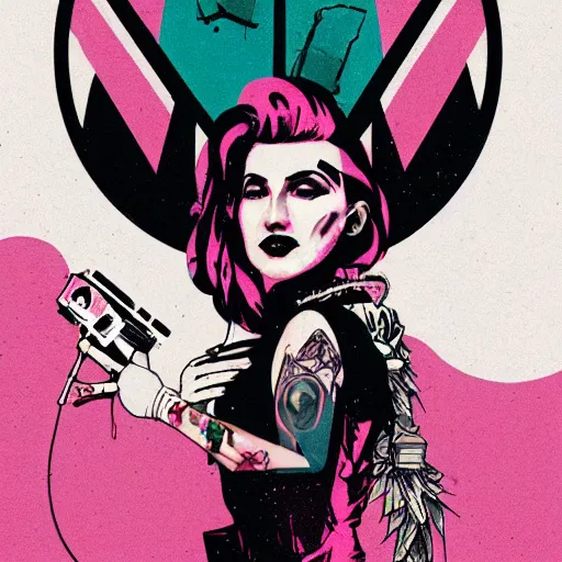 Image similar to a colorfully detailed comic noir style illustration of a tattooed woman posing next to a pink Cadillac in a post-apocalyptic desert by queens of the stone age and sachin teng, dark vibes, street art, cinematic, high contrast, depth of field