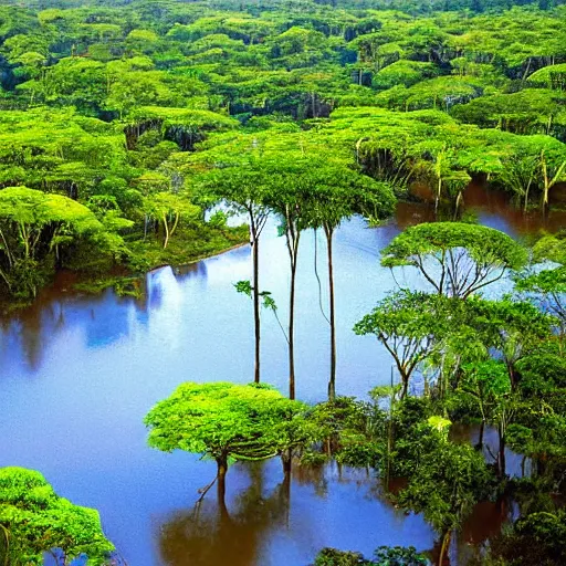 Image similar to magical trees and the amazon river in the amazon rainforest by anderson debernardi and pablo amaringo