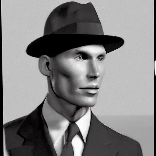 Image similar to A photograph portrait of Jerma985 wearing a suit with and fedora in the 1940s, taken in the early 1940s, grainy, taken on a 940s Kodak Camera, realistic, hyperrealistic, very realistic, highly detailed, very detailed, extremely detailed, detailed, digital art, trending on artstation