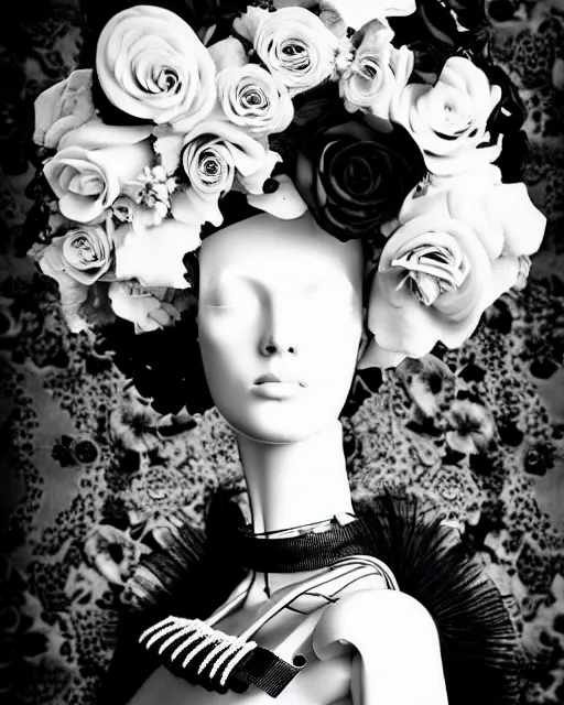 Image similar to dreamy surreal poetic black and white photo of a beautiful young bio-mechanical-female-cyborg-plastic-robot with a very long neck and a super big gothic lace collar and a very high big floral crown with many black dry roses by Vivienne Westwood:: smoke, high fashion, haute couture, rococo, avant-garde, elegant, dreamy, hyper realistic, 150 mm lens, soft rim light, octane render, unreal engine, picture was taken in 1910 by Dora Maar, volumetric lighting, dramatic light,8k,