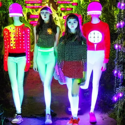 Image similar to very symmetrical fruits magazine steetwear photo of cute cool fashion worn by teens teens in the far future with glowing led lights and surrounded by plants, futuristic!!! haute couture fashion!!!!, nanotechnology and cybernetics!!! and solar power and prosthetic