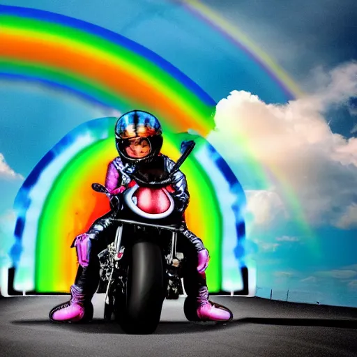 Image similar to wide angle full body, jacket wearing fluffy cute rainbow kitten wearing a black leather motorcycle jacket, riding on a motorcycle, cinematic concept art