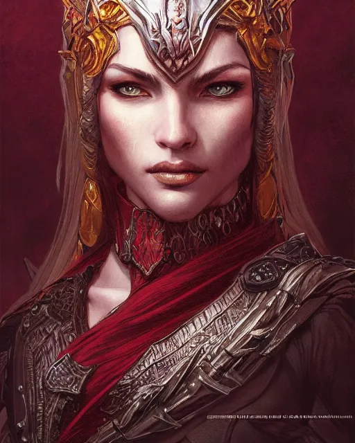 Image similar to Portrait of a Fantasy crimson knight, moonlit, HD, illustration, epic, D&D, fantasy, intricate, elegant, highly detailed, digital painting, artstation, concept art, smooth, sharp focus, illustration, art by artgerm and greg rutkowski and alphonse mucha, monster hunter illustrations art book