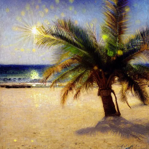 Image similar to a ultradetailed beautiful painting of jericoacoara by jules bastien - lepage, hans belmer, frank weston and gustave baumann, trending on artstation, mediterranean, palm trees, light sparkles, sharp focus, soft light