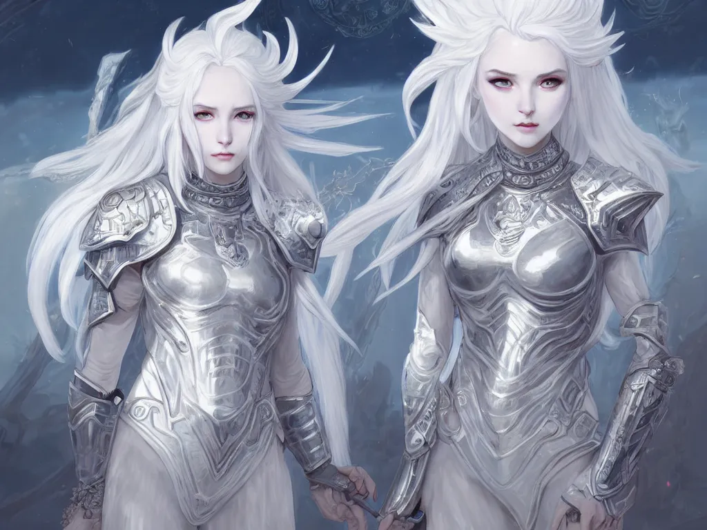 Image similar to portrait white hair knights of zodiac girl, matt white ice color armor, in ruined agora of athens sunrise, ssci - fi and fantasy, intricate and very beautiful and elegant, highly detailed, digital painting, artstation, concept art, smooth and sharp focus, illustration, art by ayanamikodon and tian zi and alphonse mucha