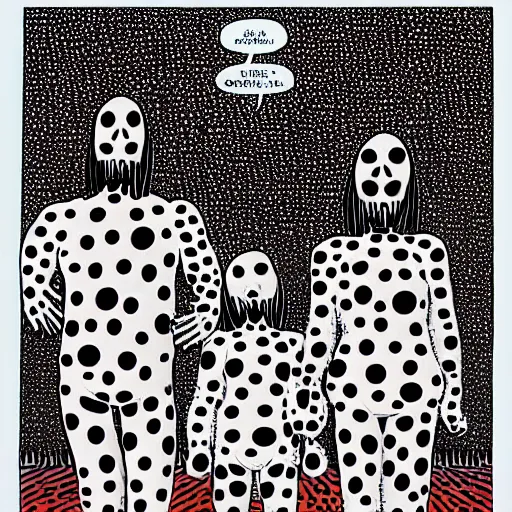 Image similar to a creepy family, by yayoi kusama and richard corben