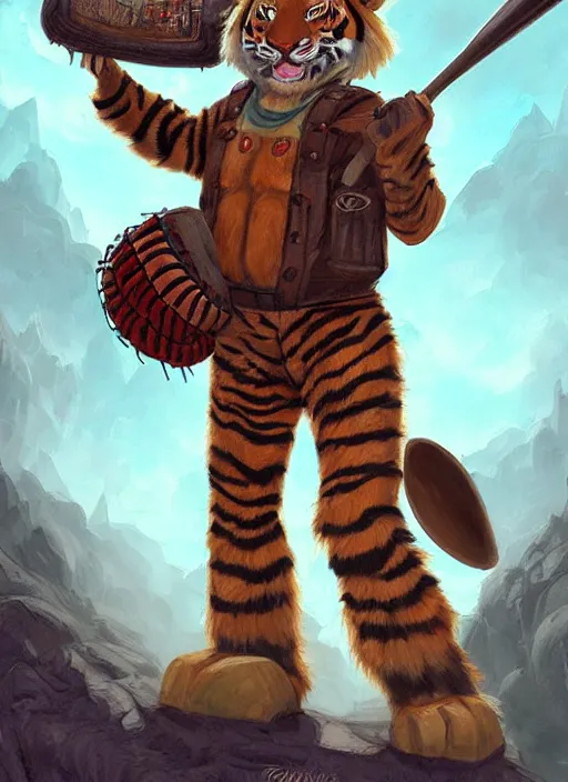 Image similar to fursona commission of a anthro tiger wearing a old-timey baseball uniform. pretty, beautiful, DnD character art portrait, matte fantasy painting. Desert mining town. DeviantArt Artstation, by Jason Felix by Steve Argyle by Tyler Jacobson by Peter Mohrbacher, cinematic lighting