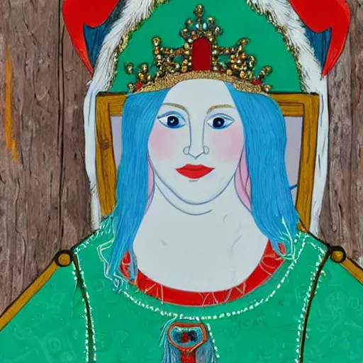 Image similar to a close up portrait of a germanic princess with blonde hair and blue eyes sitting on a wooden throne. she wears a green and red dress. highly detailed