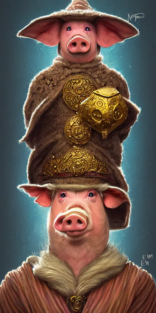 Image similar to rpg! profile!!! portrait of humanoid pig on white background, wizard hat, wizard cloak, surreal, vintage doll, intricate, highly detailed, digital painting, artstation, concept art, smooth, sharp focus, illustration, art by norman rockwell emiliano ponzi andrey remnev yoann lossel aaron jasinski, 8 k