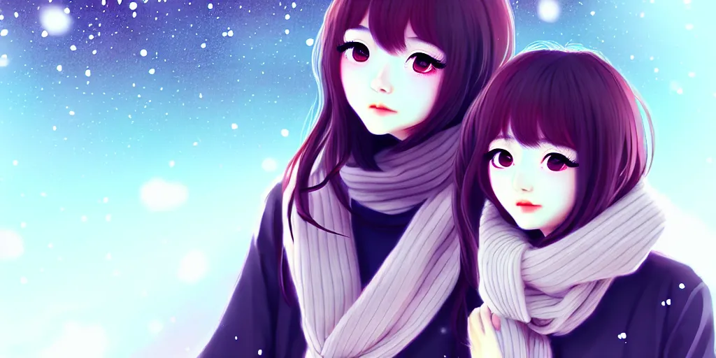 Prompt: ulzzang korean girl in sweater wearing scarf on neck. winter background, ilya kuvshinov, anime, pixiv top monthly, trending on artstation, cinematic, danbooru, zerochan art, kyoto animation