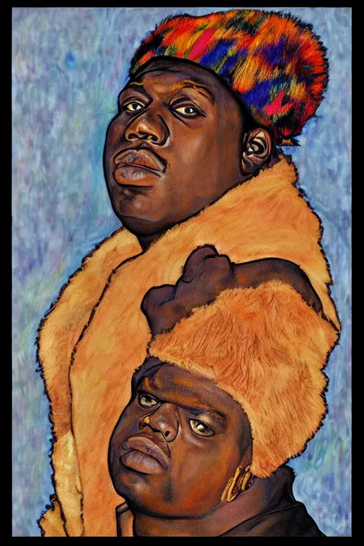 Image similar to a portrait of biggie smalls wearing boho - chic style clothes, with a fur muffler, full body!!, realistic painting in egon schiele style, masterpiece, hyperdetailed, complex, intricate, 4 k, hyperrealistic, trending on artstation