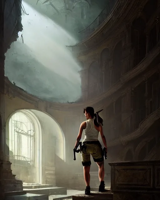 Image similar to lara croft exploring an italian opera house as she hides from numerous musclebound male goons patrolling the area, by wlop, greg rutkowski and peter mohrbacher, extremely detailed shading, concept art, digital painting, trending on artstation, unreal engine 5, octane render, atmosphere, lens flare, glow, cinematic lighting, full of color