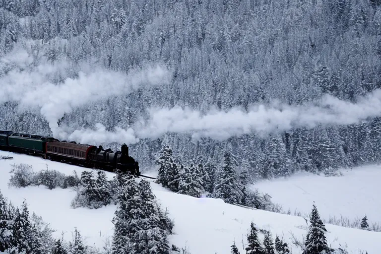 Image similar to a steam train travels through a mountainous snowy landscape