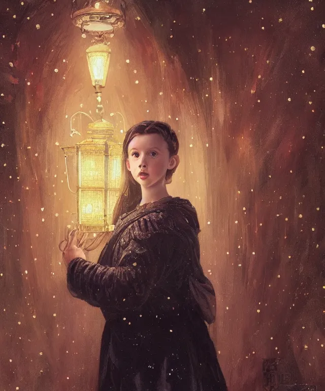 Image similar to a beautiful painting of a girl resembling millie bobby brown in front of the lantern festival in a an ancient italian town, at night with a sky full of stars, intricate, elegant, highly detailed, digital painting, artstation, concept art, by krenz cushart and artem demura and alphonse mucha