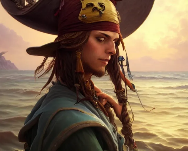 Image similar to pirate hat floating in the sea, low view shot, close up, deep focus, d & d, fantasy, intricate, elegant, highly detailed, digital painting, artstation, concept art, matte, sharp focus, illustration, hearthstone, art by artgerm and greg rutkowski and alphonse mucha