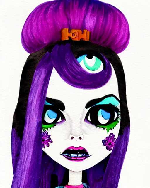 Image similar to watercolor portrait of monster high draculaura doll, by sabrina eras, alice x. zhang, blanca alvarez, liu yi, watercolor