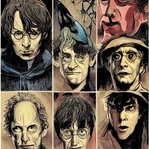 Image similar to in one frame Harry Potter, by Neil Gaiman, by Dave McKean, comics Sandman, small details, whole-length, clear faces