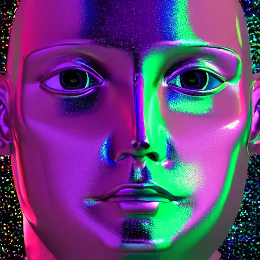 Image similar to 3d render of holographic human robotic head made of glossy iridescent, surrealistic 3d illustration of a human face non-binary, non binary model, 3d model human, cryengine, made of holographic texture, holographic material, holographic rainbow, concept of cyborg and artificial intelligence