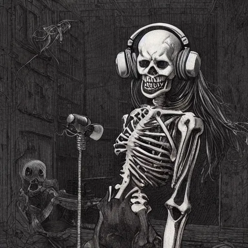 Image similar to skeleton wearing headphones, watching girl playing guitar while her black cat standing next to her, detailed intricate ink illustration, dark atmosphere, detailed illustration, hd, 4k, digital art, overdetailed art, by greg rutkowski, by loish, complementing colors, Trending on artstation