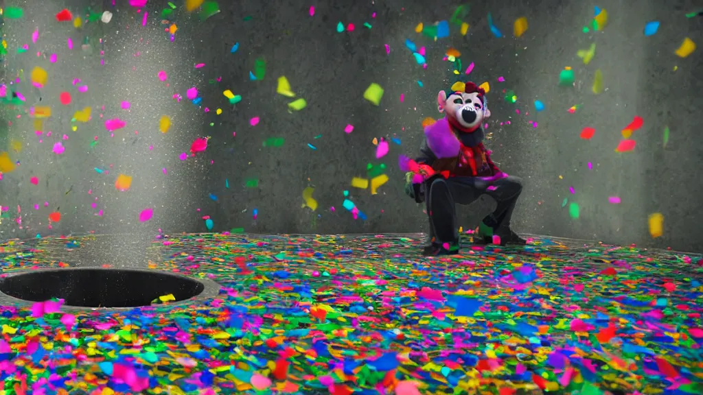 Image similar to a clown puking a fountain of confetti, hyperrealistic, Cryengine 8k UHD