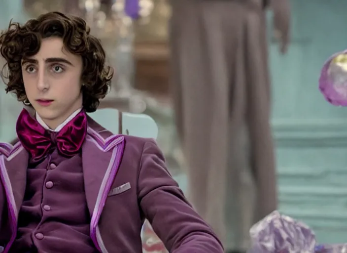 Prompt: film still of Timothée Chalamet as Willy Wonka in new Willy Wonka movie, 4k