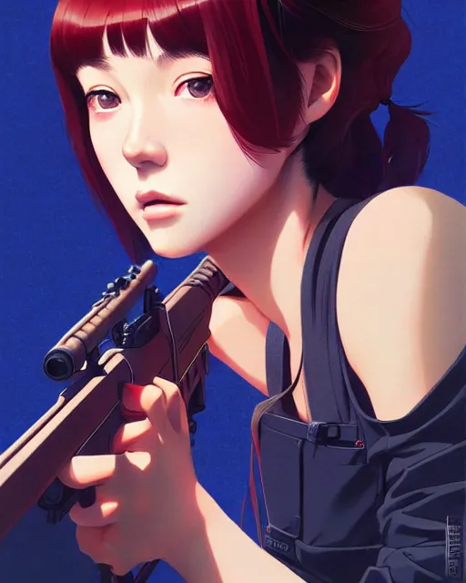 Image similar to girl holding a rifle | | very very anime!!!, fine - face, audrey plaza, realistic shaded perfect face, fine details. anime. realistic shaded lighting poster by ilya kuvshinov katsuhiro otomo ghost - in - the - shell, magali villeneuve, artgerm, jeremy lipkin and michael garmash and rob rey