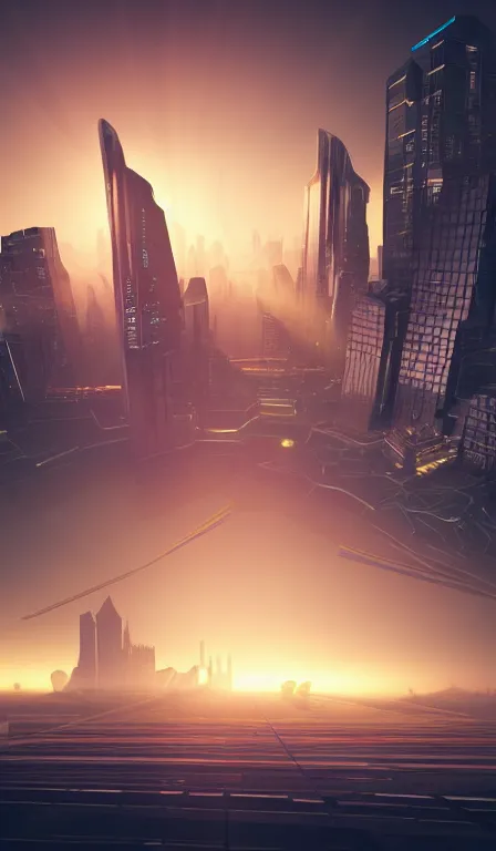 Prompt: futuristic urban island city at dusk. the imposing silhouette of a shadowy space cop. cgartist. leading lines. volumetric lighting. god rays.