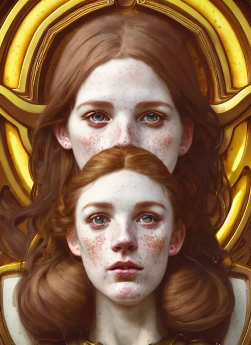 Image similar to close up portrait of wendy thomas, pale young woman with freckles and pigtails, baroque hamburgers, fast food imagery by artgerm, cushart krenz, greg rutkowski, mucha. art nouveau. gloomhaven, golden arches logo, pale colors, sharp edges. ultra clear detailed. 8 k. elegant, intricate, octane render