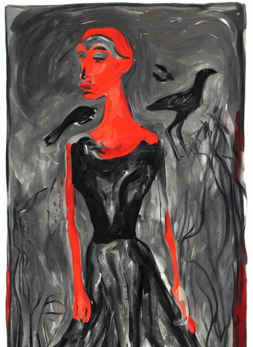 Image similar to a painting of AnnaSophia Robb, frozen cold stare, blood red background and transparent gray dress, crows as a symbol of death, in style of Chaim Soutine and Edward Hopper